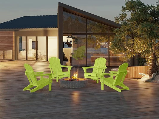 MUCHENGHY Folding Adirondack Chairs Set of 4, Patio Chairs, Lawn Chairs, Outdoor Chair, Adirondack Chair Plastic, Fire Pit, Weather Resistant with Cup Holder for Deck, Backyard, Garden(Lemon Green)
