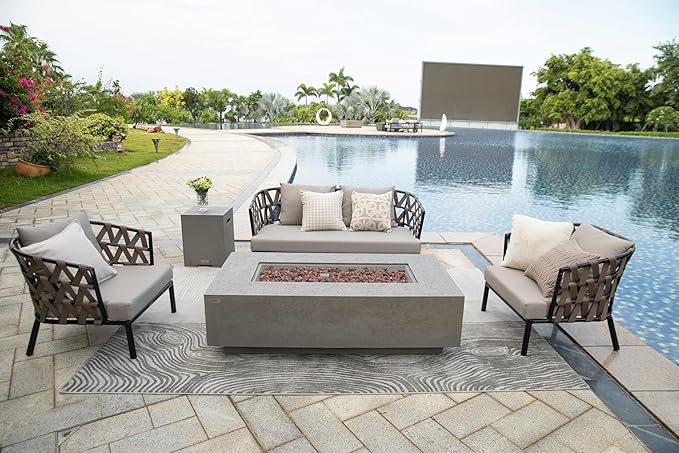 AMS Creations | Madison 60" Rectangular Natural Gas Outdoor Fire Pit Table | Light Gray Concrete GFRC | Limestone Texture or Surface | Electronic Ignition | Outside Backyard Fireplace