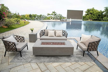 AMS Creations | Madison 60" Rectangular Natural Gas Outdoor Fire Pit Table | Light Gray Concrete GFRC | Limestone Texture or Surface | Electronic Ignition | Outside Backyard Fireplace