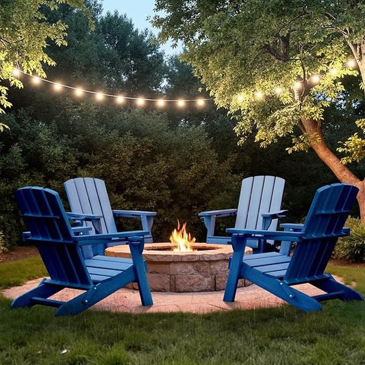 Folding Adirondack Chair Wood Texture 2 Pack, HDPE All-Weather Fire Pit Chairs, Plastic Adirondack Chairs with 2 Cup Holder, Outdoor Lawn Chair for Patio Garden (Navy Blue)