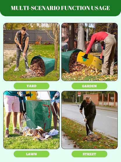 Adjustable Metal Leaf Rake Set Garden Rake for Leaves Long Handle 37"-63" Expandable Head Gardening Tools Set Includes 44 Gallon Bag & Scoop & Gloves Rakes for Lawns Heavy Duty for Yard Lawn Garden