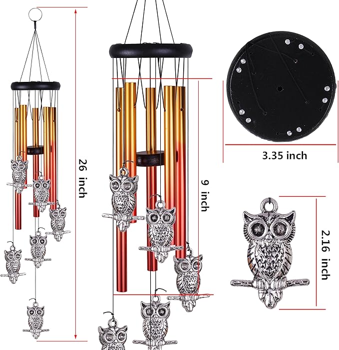 Owl Wind Chimes Outdoor/Indoor Decor - Pure Hand-Made Owl Wind-Bells, Mobile Romantic Windcatcher 28" Owl Wind Chime for Home, Xmas, Gift For Mother, Balcony, Patio, Garden Decoration(6 Owls, 5 Tubes)