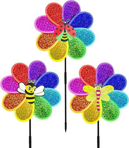 Outdoor Wind Spinners Yard Garden Decor 12in Shiny Pinwheel for Kids Rainbow Lawn Ornaments to Deter Animals (3 PCS)