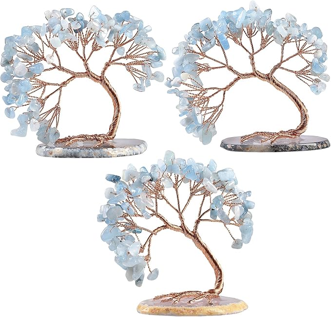 TUMBEELLUWA Reiki Crystal Money Tree with Agate Slice Base Feng Shui Stone Bonsai Tree Figure Decor for Happiness Good Luck and Wealth, Aquamarine