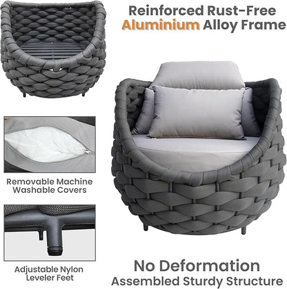 2 Pcs Woven Rope Outdoor Chair: Aluminum Patio Accent Chair with Arms - Assembled Cushioned Lounge Chair For 400lbs - Morden Porch Furniture Seating for Deck Balcony Garden Backyard Hotel Resort