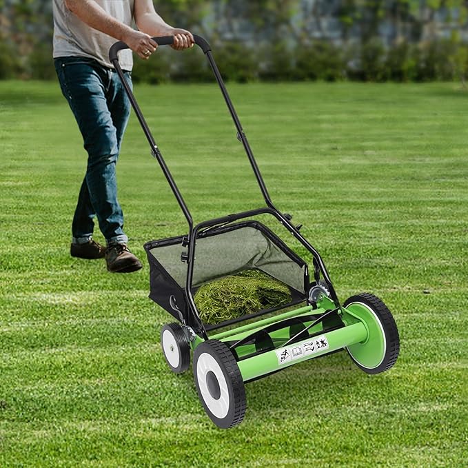 16 Inch 5-Blade Push Reel Lawn Mower, Cordless Manual Lawn Mower with Grass Catcher, Adjustable Cutting Height, Walk-Behind Lawn Mowers for Yard, Garden