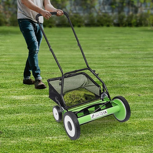 16 Inch 5-Blade Push Reel Lawn Mower, Cordless Manual Lawn Mower with Grass Catcher, Adjustable Cutting Height, Walk-Behind Lawn Mowers for Yard, Garden