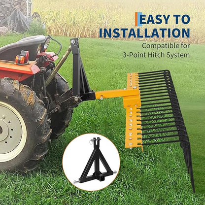 48 Inch Durable Pine Straw Rake Powder Coated Steel Landscape Rake Fits 2" Receiver for Lawn Tractors or ATV/UTV, Orange
