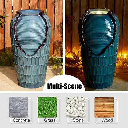 Glitzhome 28.25" H Oversized Ceramic Petals Textured Jar Outdoor Water Fountain, Vintage Turquoise Glaze Vase Patio Garden Waterfall Fountain with LED Light and Submersible Pump