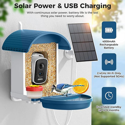Bird Feeder with Camera, Smart Birdfeeder with Solar-Powered, 5MP AI Identify Birds 11000, Night Vision, Auto Record Video,Instant Notifications, Bird Feeders for Outdoors, Birds Watching Gifts