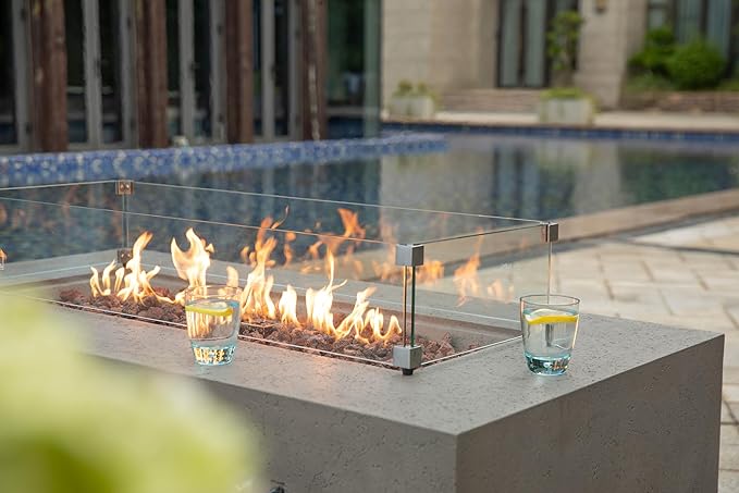 AMS Creations | Madison 60" Rectangular Propane Gas Outdoor Fire Pit Table | Light Gray Concrete GFRC | Limestone Texture or Surface | Electronic Ignition | Outside Backyard Fireplace