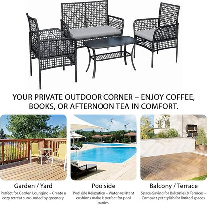 4-Piece Patio Furniture Set, Weather-Resistant Rattan Patio Conversation Set with Two-Tier Coffee Table, Upholstered Openwork Wicker Furniture for Porch, Garden, Lawn, Gray