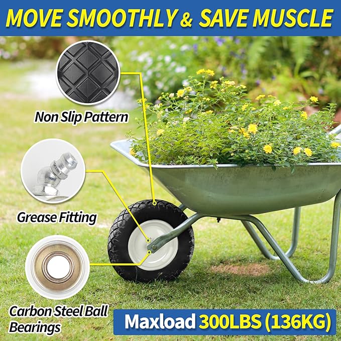 4.80/4.00-8" Wheelbarrow Tire, 16" Flat-Free Solid Tire and Wheel, 3-6" Centered Hub, 5/8" & 3/4" Bearing, For Broadcast Spreader Garden Wagon Cart Trolley Dolly (1 Pack)
