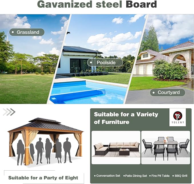 YOLENY 12' x 16' Hardtop Gazebo, Wood-Looking Gazebo with Galvanized Steel Double Roof, Aluminum Frame with Netting and Curtains for Deck, Backyard, Patio and Lawns