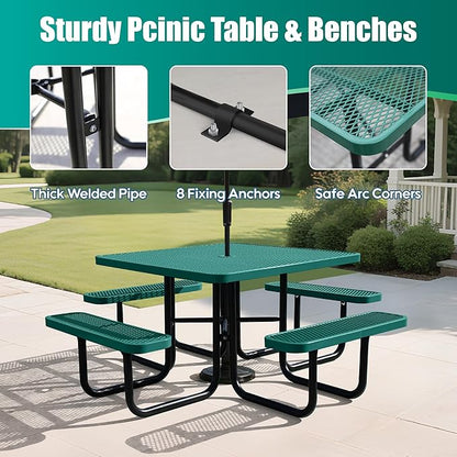 8-Person Picnic Tables for Outdoors, Industrial 46" Expanded Metal Square Picnic Table with 4 Benches & Umbrella Hole, Outside Table and Bench Set for Garden, Backyard, Porch, Patio, Green