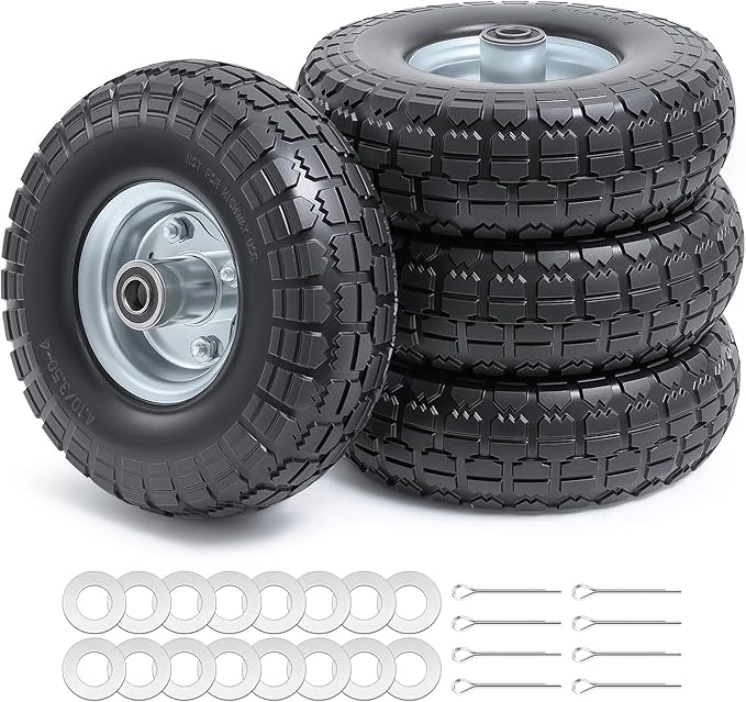 4 PCS 10” Solid Tires, 4.10/3.50-4” Flat Free Tires and Wheels with 5/8” Axle Bore Hole and Double Sealed Bearings Compatible with Hand Truck Wheelbarrow Tire Lawn Mower Tire (Silver) P-092