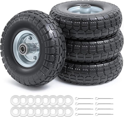 4 PCS 10” Solid Tires, 4.10/3.50-4” Flat Free Tires and Wheels with 5/8” Axle Bore Hole and Double Sealed Bearings Compatible with Hand Truck Wheelbarrow Tire Lawn Mower Tire (Silver) P-092