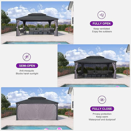 PURPLE LEAF 13' X 17' Hardtop Gazebo Aluminum Gazebo with Galvanized Steel Double Roof for Patio Lawn and Garden, Curtains and Netting Included Grey