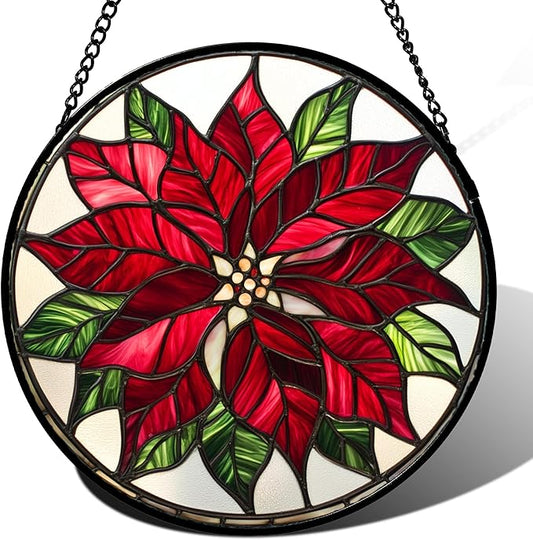 Stained Glass Window Hanging - Red Poinsettia Birth Flower Suncatcher for Door Garden Yard Sun Catchers Decor Christmas Mother's Day Birthday Gifts for Women Mom Nana Friend Men 6.3 in