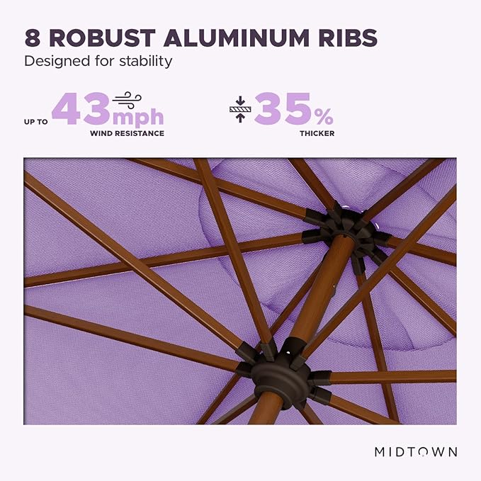 Midtown Umbrellas Wooden 2-9 Feet Outdoor Patio Umbrella, Terylast Midtown Purple Fabric, Aluminum Frame For Backyard Umbrella, Deck Umbrella, Garden Umbrella & Pool Umbrella - Wooden Pole