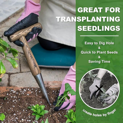 2024 New Upgrade Hand Dibber with 5 inches Measuring Scale, Easy to Grip L-Shaped Wood Handle Dibbler, Stamped Stainless Steel Tip Seed Dibber, 11.3'' Dibber for Sowing Seeds and Planting Seedlings