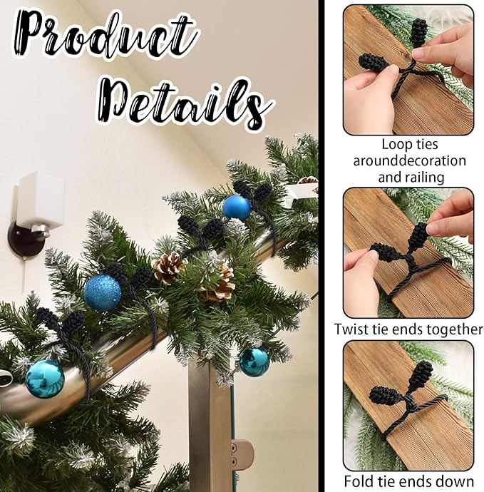 Shappy 12 Pieces Christmas Garland Banister Ties Christmas Decorative Reusable and Flexible Twist Ties for Garland, Banister Home Decoration (Black)