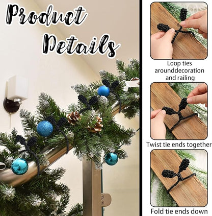 Shappy 12 Pieces Christmas Garland Banister Ties Christmas Decorative Reusable and Flexible Twist Ties for Garland, Banister Home Decoration (Black)