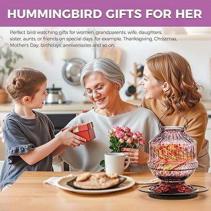 Hand Blown Glass Hummingbird Feeders for Outdoors, 25 Ounces Wild Bird Nectar Feeder with Perch & 5 Flower Feeding Ports Leak Proof Hanging for Garden Backyard Decor, Gifts for Women Mom, Purple