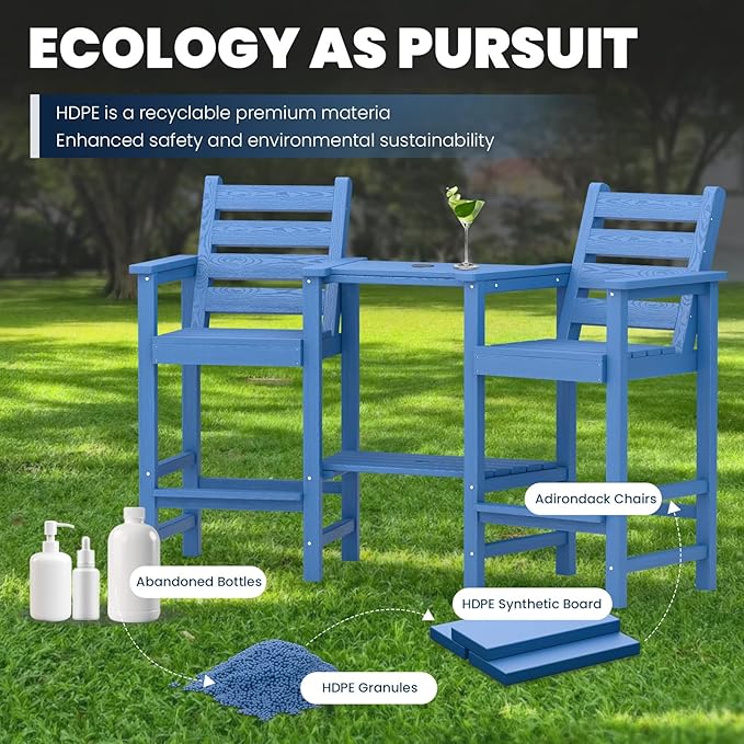 Tall Adirondack Chairs Set of 2, All Weather HDPE Poly Bar Height Balcony Adirondack Chair with Removable Double Connecting Trays, Outdoor Adirondack Barstools for Deck, Patio, Yard, Pool, Lawn