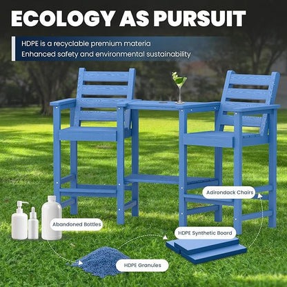 Tall Adirondack Chairs Set of 2, All Weather HDPE Poly Bar Height Balcony Adirondack Chair with Removable Double Connecting Trays, Outdoor Adirondack Barstools for Deck, Patio, Yard, Pool, Lawn