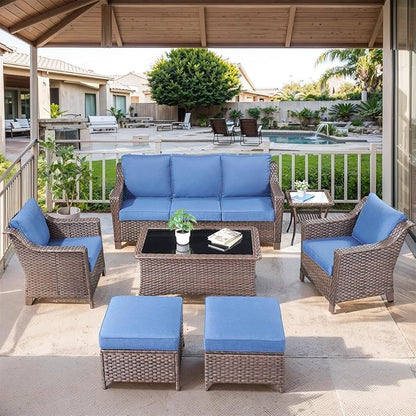 Patio Furniture Set-7 Pieces Outdoor All-Weather Wicker Conversation Set Outdoor Rattan Sofa Couch with Patio Chairs Ottomans for Porch Garden Backyard Poolside-Brown/Blue