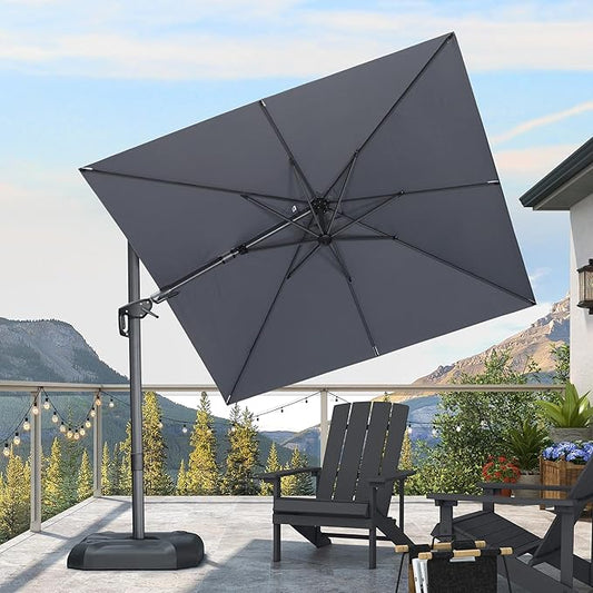 PURPLE LEAF 8' X 8' Tilting Patio Umbrella with Base Outdoor Cantilever Swivel Square Umbrella with Tilt Aluminum Offset Umbrella with 360-degree Rotation for Garden Deck Pool Patio Light Grey