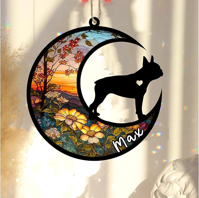 Personalized Dog Memorial, Custom Name Boston Terrier Dog Christmas Ornament with Name, Custom Breeds, Pet Loss Light Catcher, Gifts for Lovers Loss of Pet Sympathy on Mothers Day Christmas
