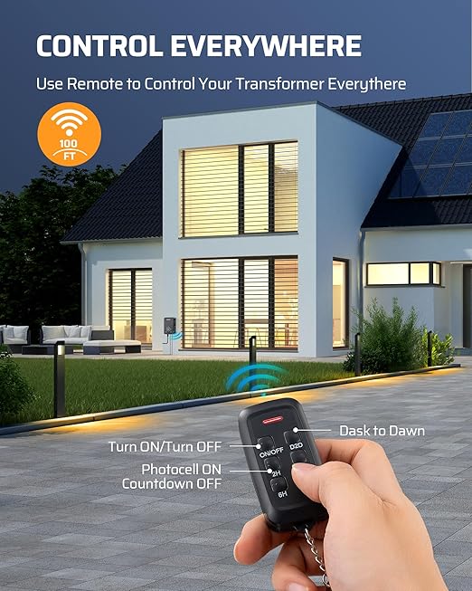 DEWENWILS 60W Low Voltage Landscape Transformer with Remote Control, 120V AC to 12V DC, Dusk to Dawn & Timer, Outdoor Low Voltage Transformer for Spotlight, Garden Light, Pathway Light, FCC Listed