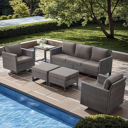 Wicker Patio Furniture Set, 6 PCS Outdoor Patio Furniture Set with Swivel Chairs, Includes 2 Swivel Patio Chairs, 1 Outdoor Couch, 1Side Table and 2 Ottoman, Brown/Grey