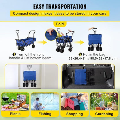 Happbuy Collapsible Wagon with Removable Canopy, 220lbs Heavy Duty Foldable Beach Wagon with Big Wheels