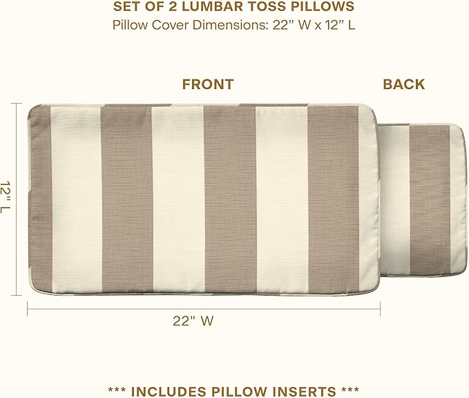 Honeycomb Outdoor Lumbar Pillow 2-Pack, 22 x 12, Cabana Stripe Tan Throw Pillows for Patio Furniture