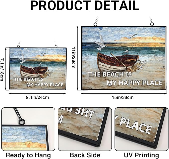 Rectangle The Beach is My Happy Place Stained Glass Suncatcher Window Hanging, Gothic Dragon Christmas Ornaments for Fiction Lovers, Dinosaur Room Decor for Nursery New Home Gifts