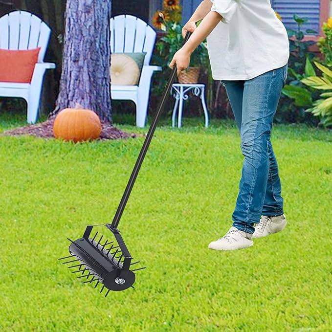 Rolling Manual Lawn Aerator, 58-Inch Handle Push Spike Aerator for Lawns, Yards, and Gardens, Easy Assembly, Reduces Soil Compaction, Enhances Water Absorption Manual Aerator Tool Black