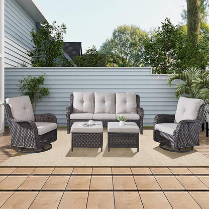 Rilyson 5 Piece Outdoor Patio Furniture Set - Rattan Wicker Patio Conversation Sets with 2 Swivel Rocker Chairs,2 Ottomans and 1 Sofa for Outside Porch Deck Backyard(Brown/Beige)