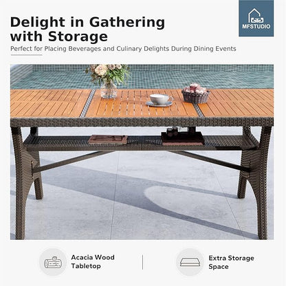 MFSTUDIO Outdoor Dining Sets for 8, 9 Pieces Patio Dining Furniture, 74’’ Rectangular Table Set and Chairs, Acacia Wood Top & Rattan and Metal Frame, Outdoor Patio Modern Furniture