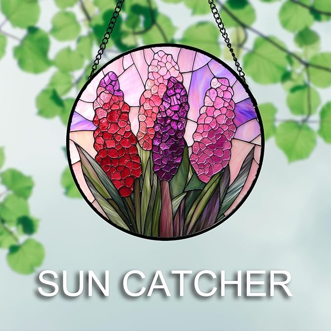Stained Glass Window Hanging 4 Pcs Set Purple Flower Theme Large 11.8" - Tulip Suncatcher Door Garden Sun Catcher Decor Birthday Christmas for Plant Lovers Woman Nana Men