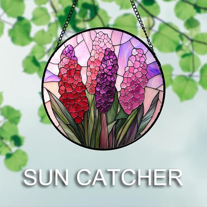 Stained Glass Window Hanging 4 Pcs Set Purple Flower Theme Large 15" - Tulip Suncatcher Door Garden Sun Catcher Decor Birthday Christmas for Plant Lovers Woman Nana Men