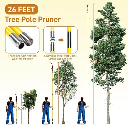 Outvita Manual Pole Saw, 26 Feet Extendable Tree Pruner with Knives and Storage Pocket, Sharp Steel Blade and Scissors High Branches Trimming for Pruning Palms and Shrubs（Yellow）