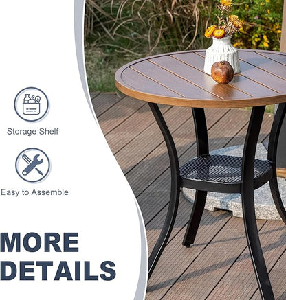 VICLLAX Round Patio Dining Table, Metal Outdoor Bistro Table with Storage Shelf for Balcony Garden Deck, 27.6 Inch Walnut