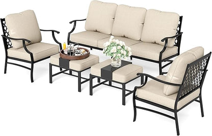 HERA'S HOUSE 5 Piece Patio Furniture Set, 2 x Cushioned Metal Chair, 2 x Ottoman, 1 x 3-Seat Sofa, All Cushioned 7 Seats Outdoor Conversation Set for Lawn Garden Backyard