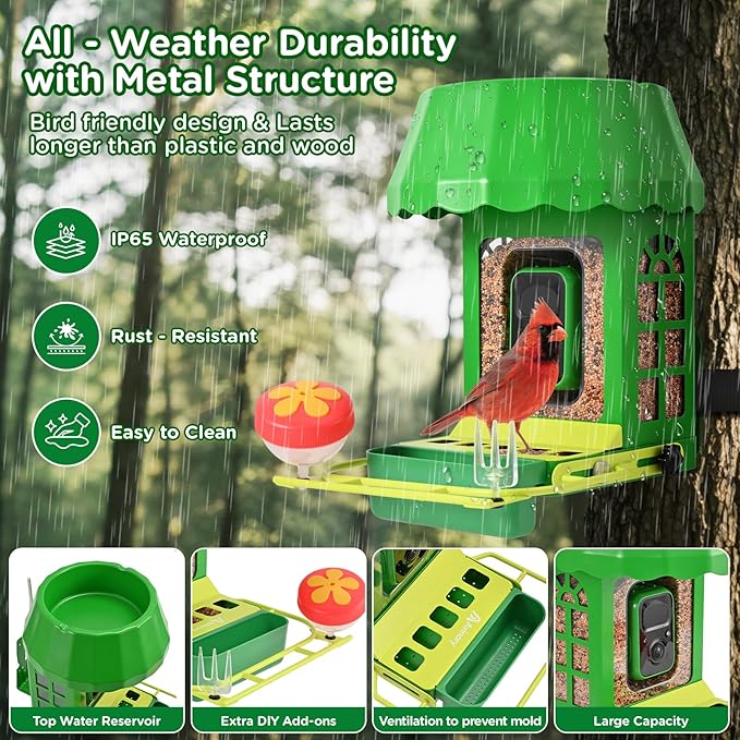 Avinory Metal Smart Bird Feeder with 2K HD Camera with Pole Dia 1 in,Solar Powered,AI Identification for 12000+ Species,2.4GHz Wireless,Squirrel-Proof Design,Chew-Proof,Easy Setup for Outdoor Garden