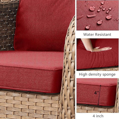 HUMMUH 3-Piece Swivel Rocking Rattan Chair Outdoor, Patio Bistro Furniture Conversation Set, Cushioned Wicker Chair with Glass Coffee Table(Yellow,Red)