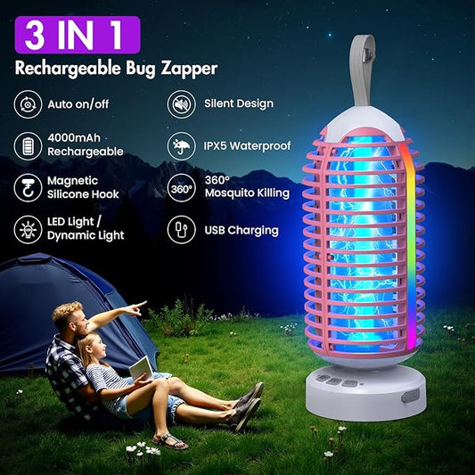 Bug Zapper Outdoor with Colorful Lighting and Auto-Sensing, 3 in 1 Cordless 4000mAh Battery Electric Fly Trap, Rechargeable Mosquito Zapper for Camping, Patios, Garden, Kitchen (1Pack-Pink)