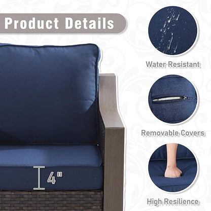 3 Piece Wicker Patio Conversation Set, All-Weather Use Outdoor Wicker Sofa with 2 PE Rattan Chair, Removable Water-Resistant Cushion, Ideal for Porch, Backyard, Balcony, Poolside, Blue